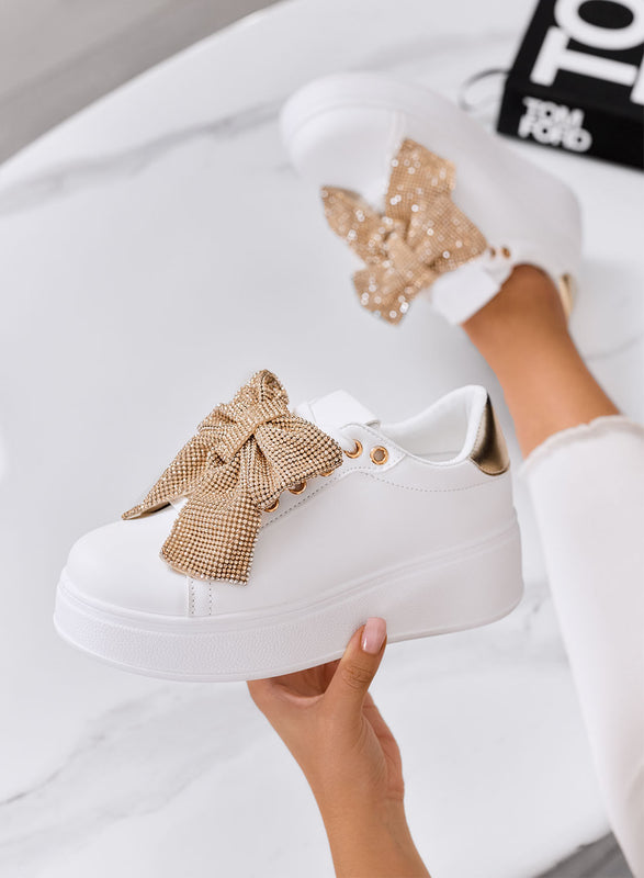 BELGA - Sneakers bianche  con fiocco in strass oro
