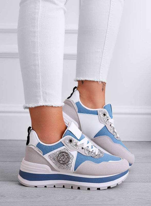 ERSILIA - Blue fabric sneakers with silver inserts