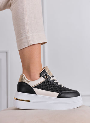 SONIA - Black sneakers with fabric inserts and gold details