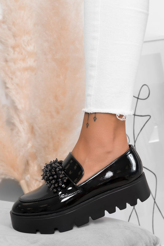 MIRIAM - Black patent leather loafers with rhinestones