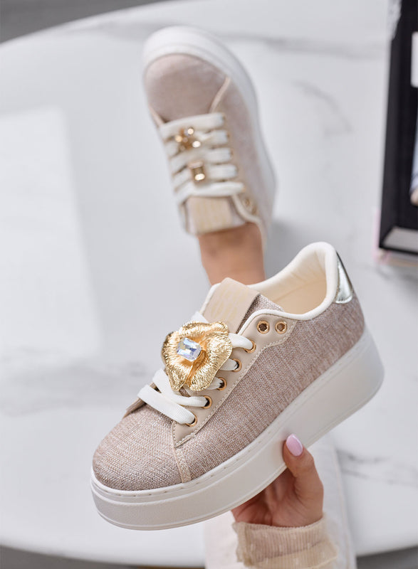 NORA - Beige Sneakers with Jewel Embellishments and Platform Sole