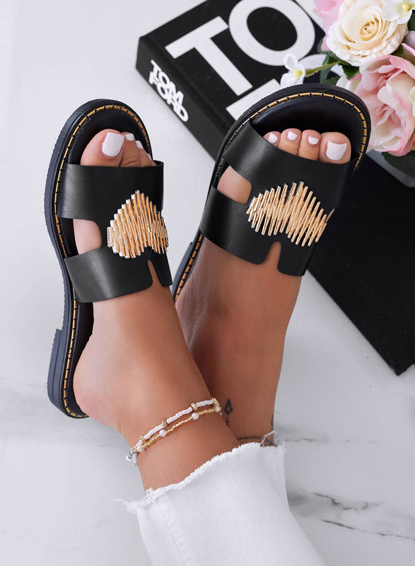 IGGY - Black slipper sandals with gold heart application