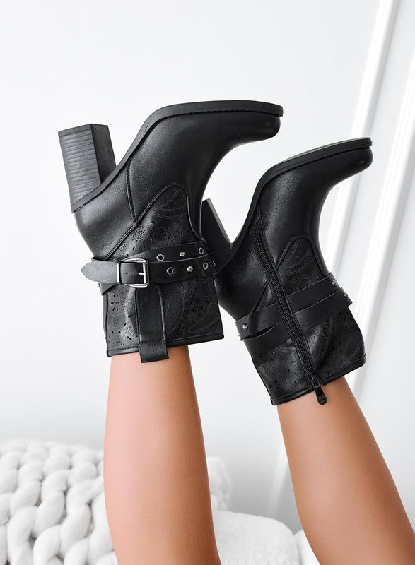 BRIEE - Black perforated ankle boots with comfortable heel