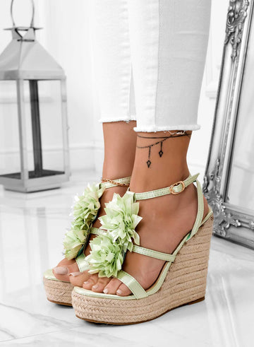 Green satin espadrille sandals with applied flower