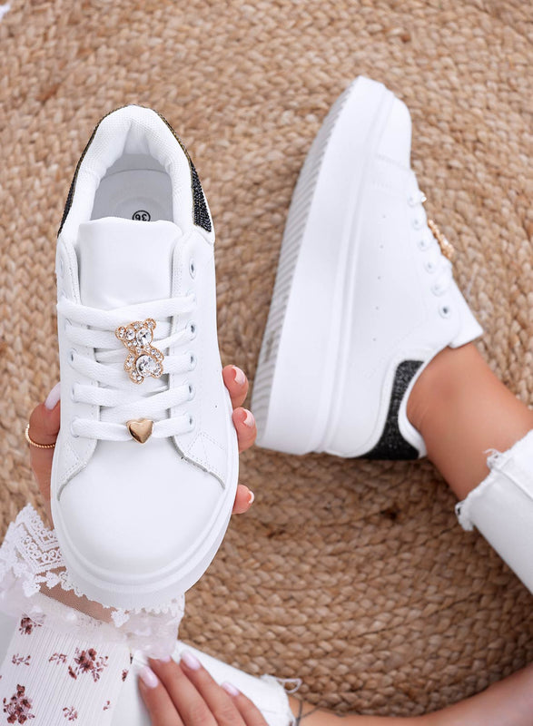 LAURA - White sneakers with jewel application and black rhinestone back