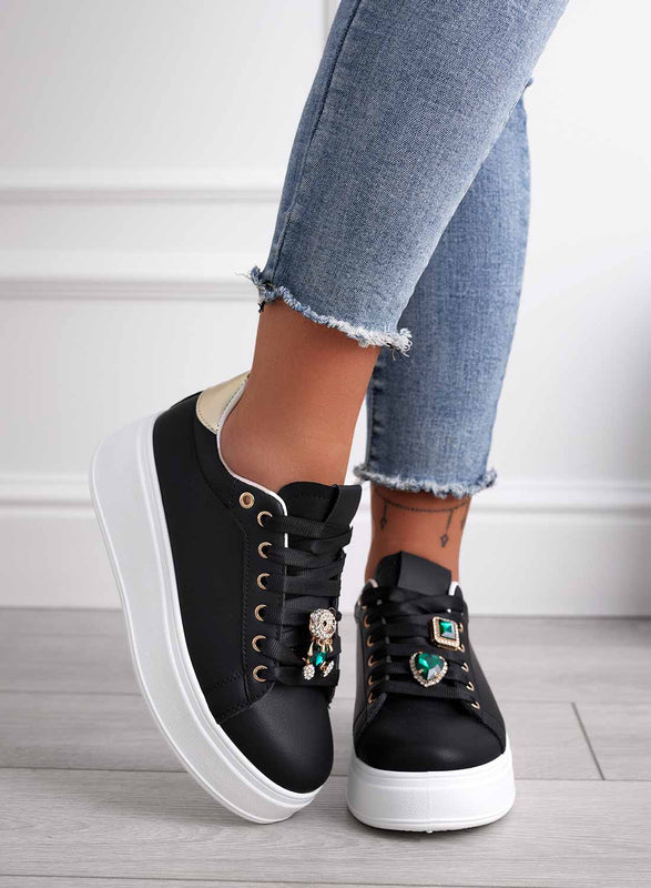 RORY - Black sneakers with gold back and green jewel bear