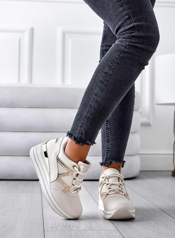 Beige wedge sneakers with gold inserts