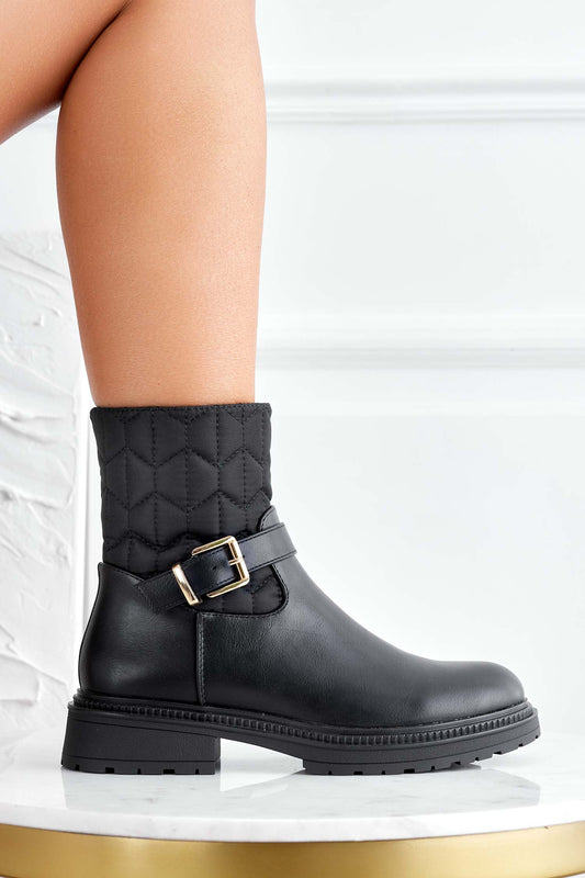 Black fabric ankle boots with gold buckle