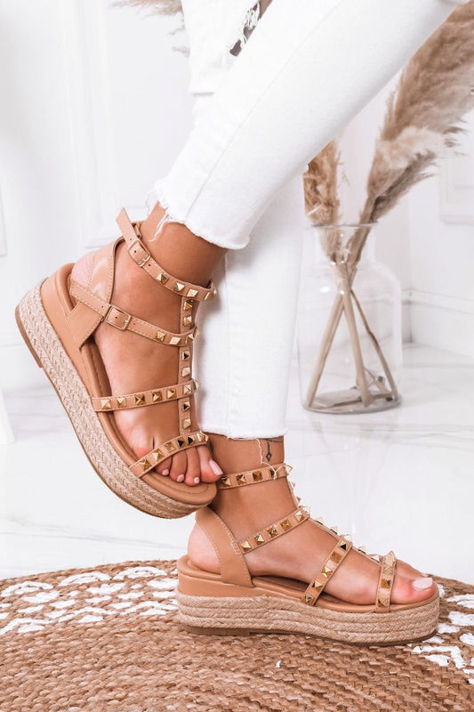 LOREEN - Beige espadrilles sandals with golden studs and wedge