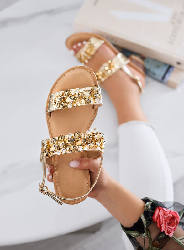 VITTORIA - Gold jeweled sandals with low heel and rhinestones
