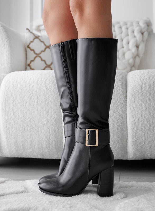 CORE - Black mid-calf boots with heel and buckle