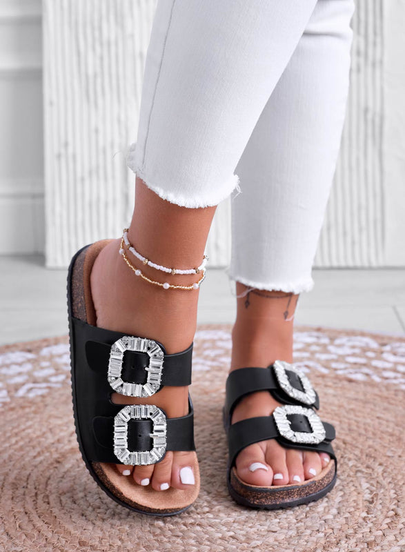 ADDY - Black cork slide sandals with rhinestone buckles