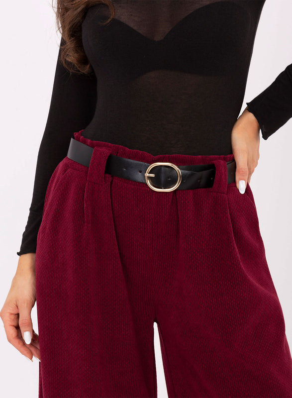 Burgundy wide-leg trousers in structured fabric with belt