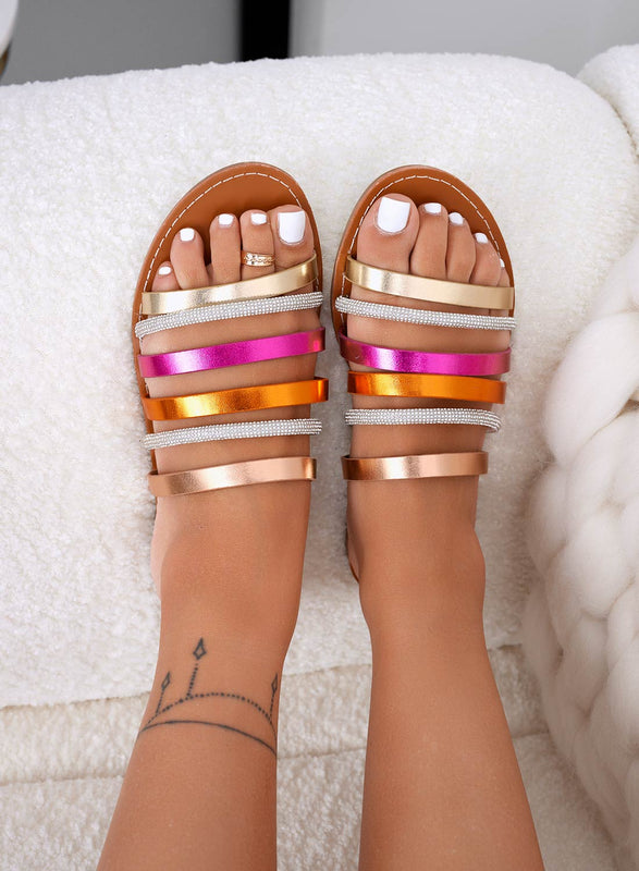 IDAA - Multi-coloured slipper sandals with rhinestone bands