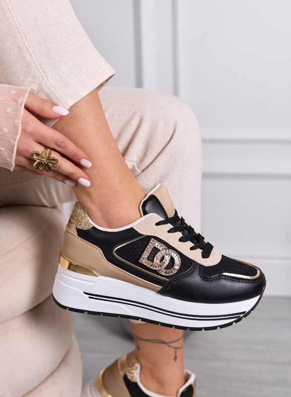 ESTER - Black Platform Sneakers with Gold Details and Jewel Logo