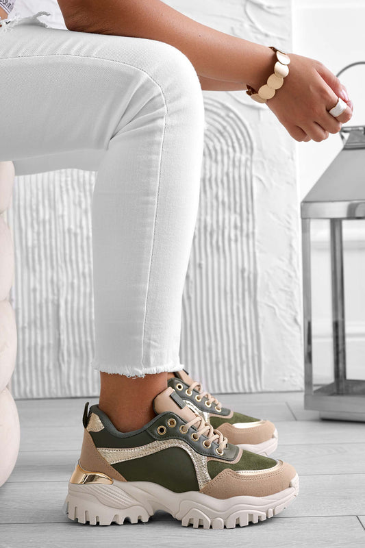 MELANIA - Green sneakers with high sole and contrasting panels