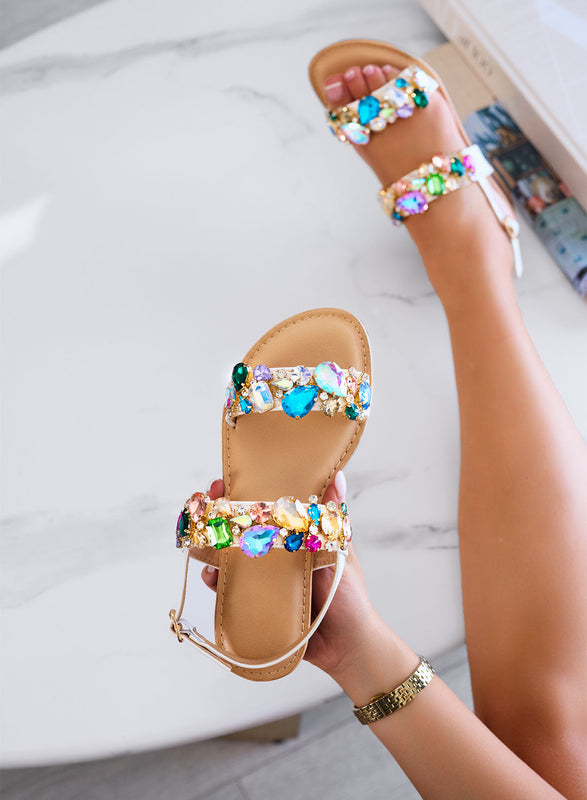 DIAMOND - White flat sandals with multicolor jeweled stones and strap