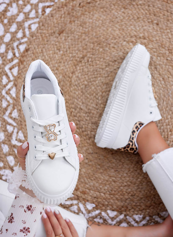 BEVERLY - White sneakers with jeweled bear and spotted back