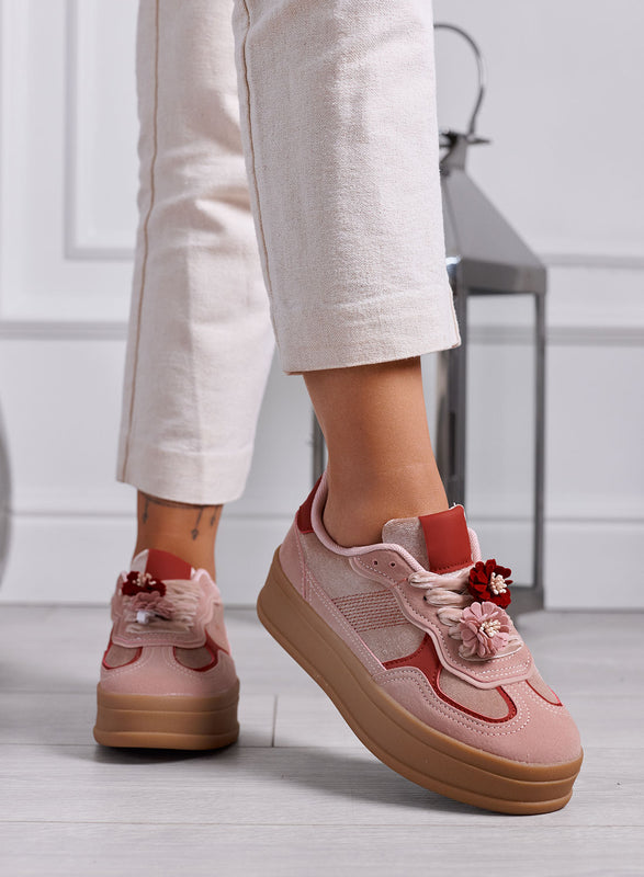 CLOE - Sneakers Donna Rosa con Fiori e Suola Platform