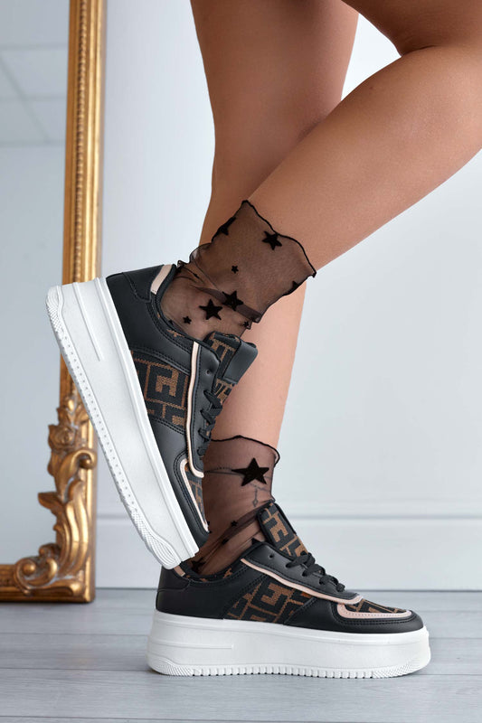 MIRELA - Black sneakers with patterned fabric inserts