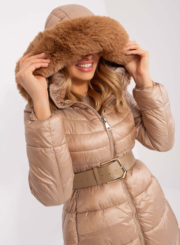 Long padded jacket with hood in mud-colored faux fur