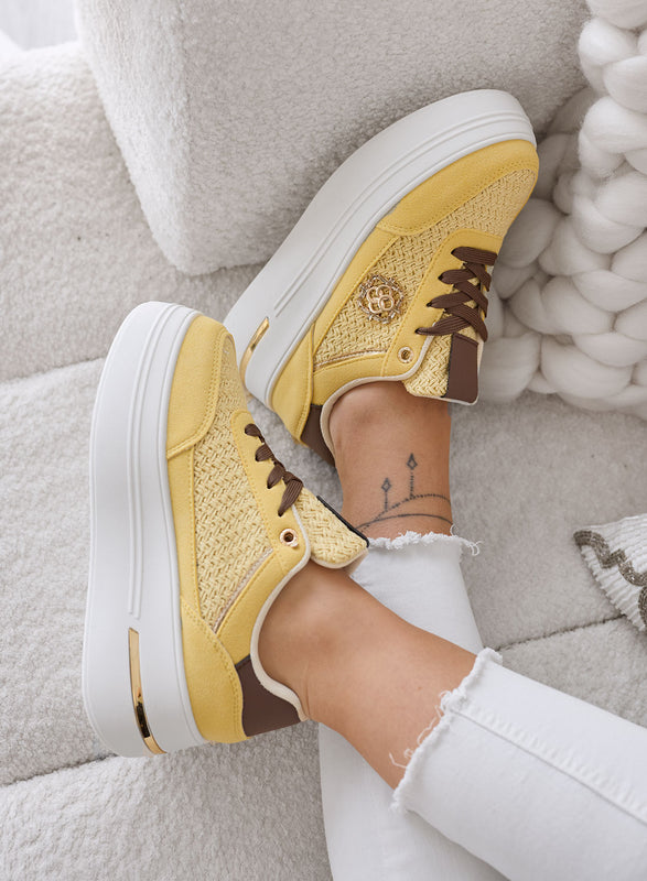 CLARA - Yellow Platform Sneakers with Woven Inserts and Brown Details