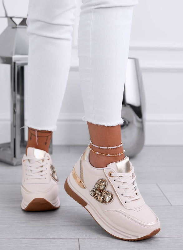 VENUS - Beige sneakers with gold jewel heart