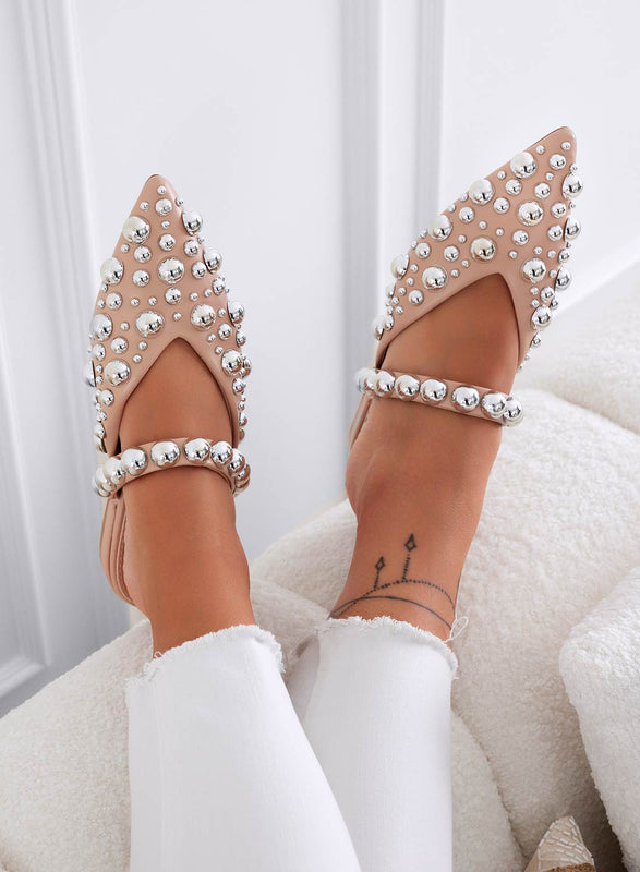 WILDA - Beige pointed toe mule ballet flats with ball studs