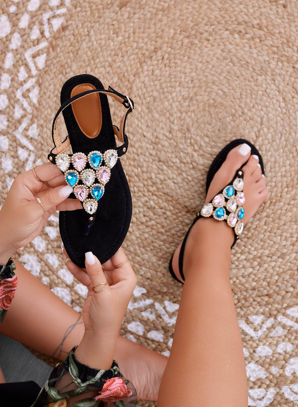 DIVA - Black jeweled flat thong sandals with stones