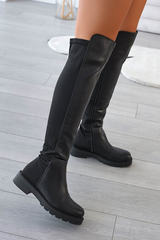 COLLINS - Black thigh high boots in elastic fabric