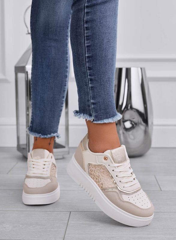 ILARIA - Baskets beiges avec empiècements à motif léopard