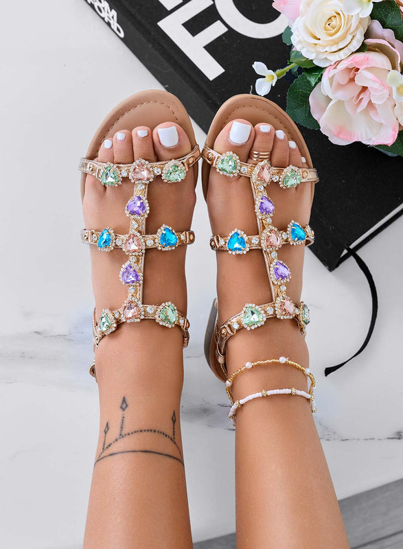 SHANA - Champagne flat jewel sandals with multicolor stones