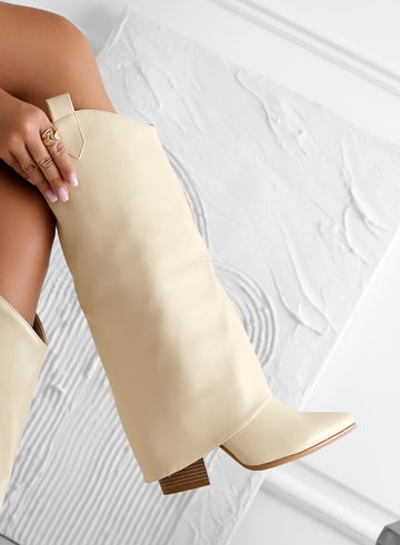 DILETTA - Bottes beige style camperos avec revers et talon haut