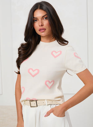 White T-shirt with Pink Jacquard Hearts and Short Sleeves