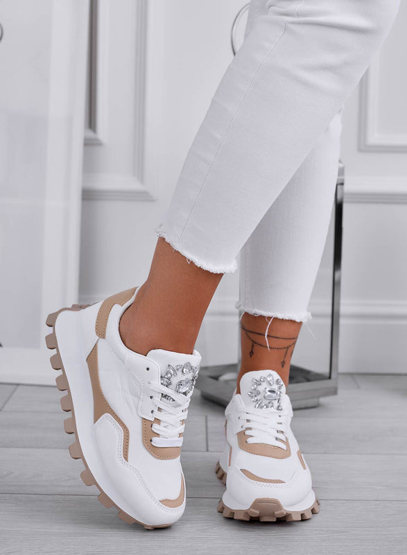 DEAA - White sneakers with beige inserts and jewel application