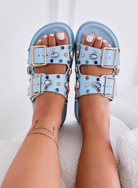 VIXIE - Blue slipper sandals with stones