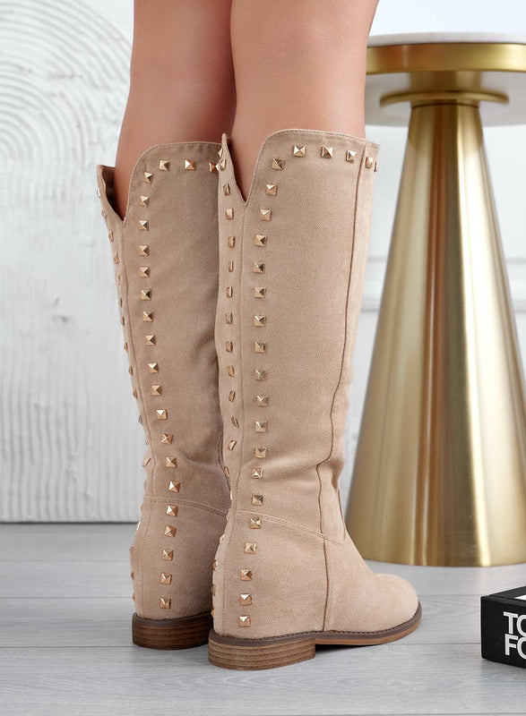 JANINE - Beige suede boots with internal wedge and studs