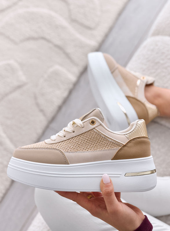 SONIA - Sneakers fango con inserti in tessuto laminato oro