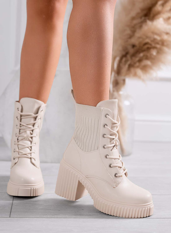 FIORENZA - Beige ankle boots with fabric inserts and comfortable heel