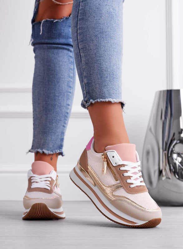 JOYCE - Beige sneakers with contrasting panels and side zip