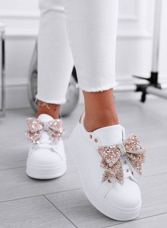 CRYSTAL - White wedge sneakers with rose gold jewel bow