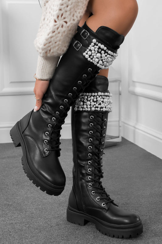 ASMIRA - Black boots with pearls and rhinestones