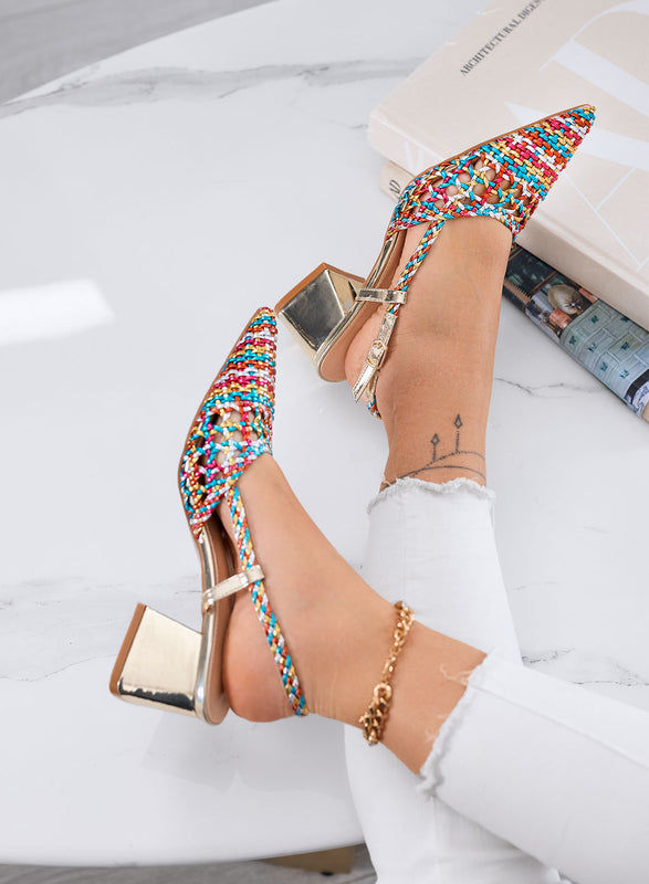 NICOLE - Zapatos de tacón multicolor con punta trenzada, correa y tacón ancho dorado
