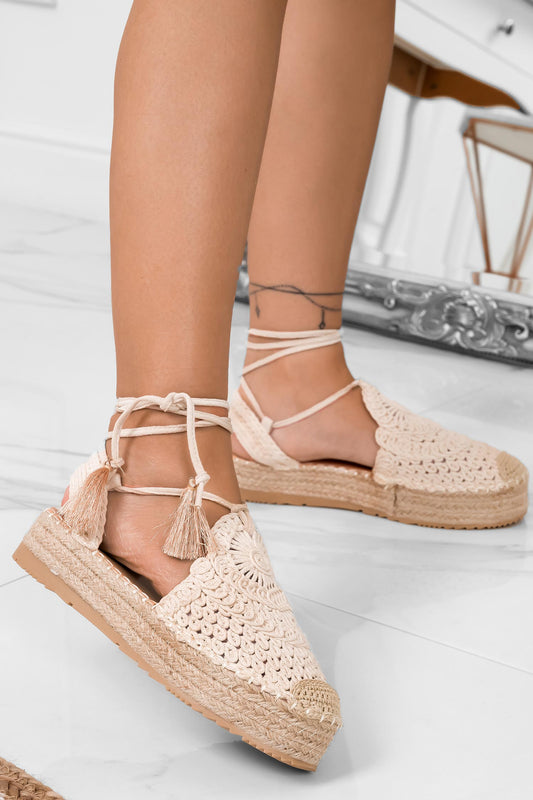 SOPHIE - Embroidered beige espadrilles with ankle strap