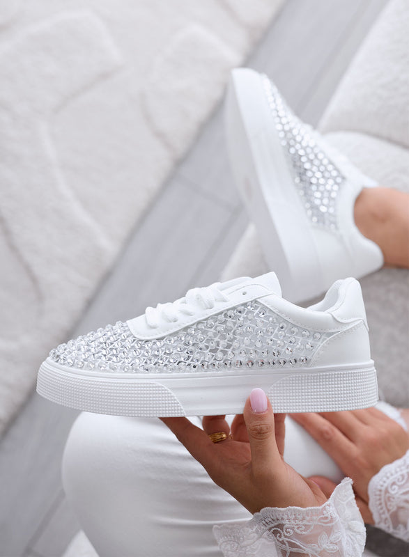 CASSANDRA - White Sneakers with Rhinestones and Shiny Details