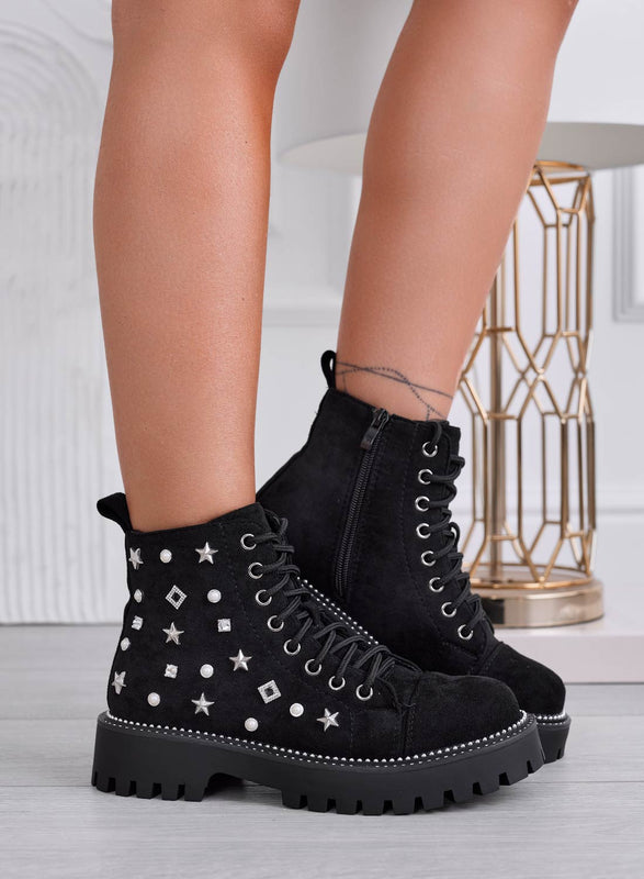 VERONIKA - Black combat ankle boots with pearls and star studs