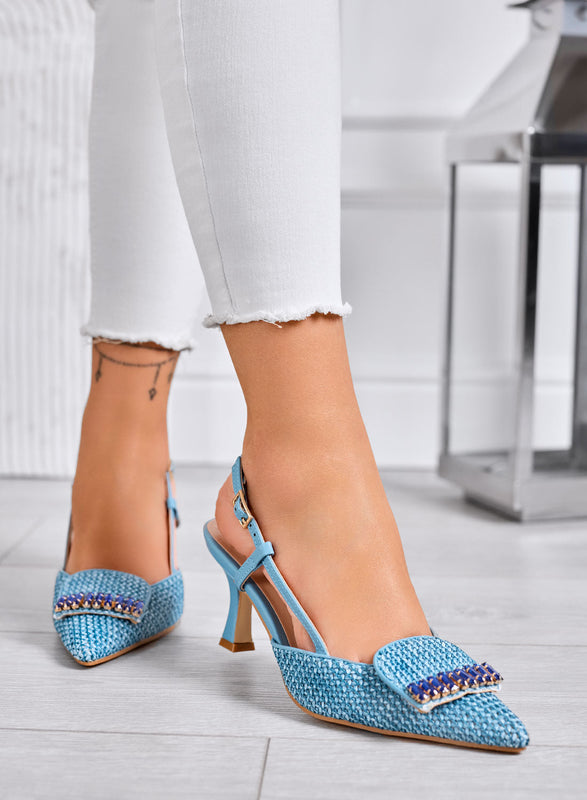 RUSH – Blue Slingback Pumps with Woven Design and Jewel Application