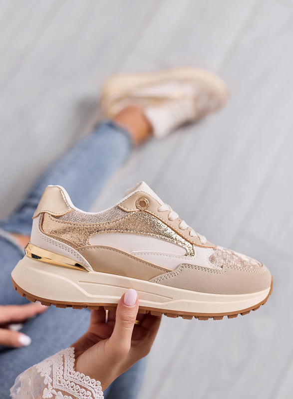 DONATA - Beige and gold sneakers with metallic details and platform sole