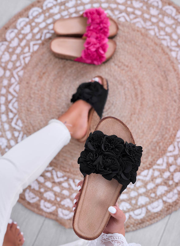 GLASS - Black Cork Wedge Sandals with Flowers