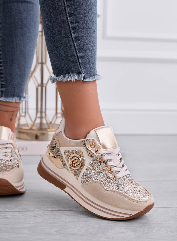 ALISHA - Beige sneakers with gold glitter inserts